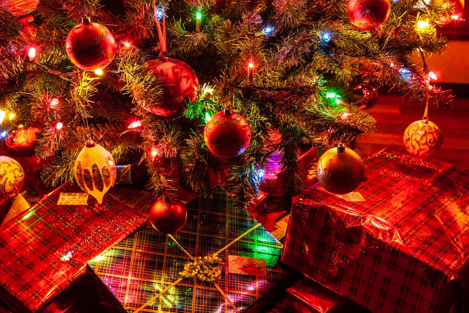 Wrapped Christmas presents in red plaid paper under a decorated tree with red and gold ornaments and colored lights