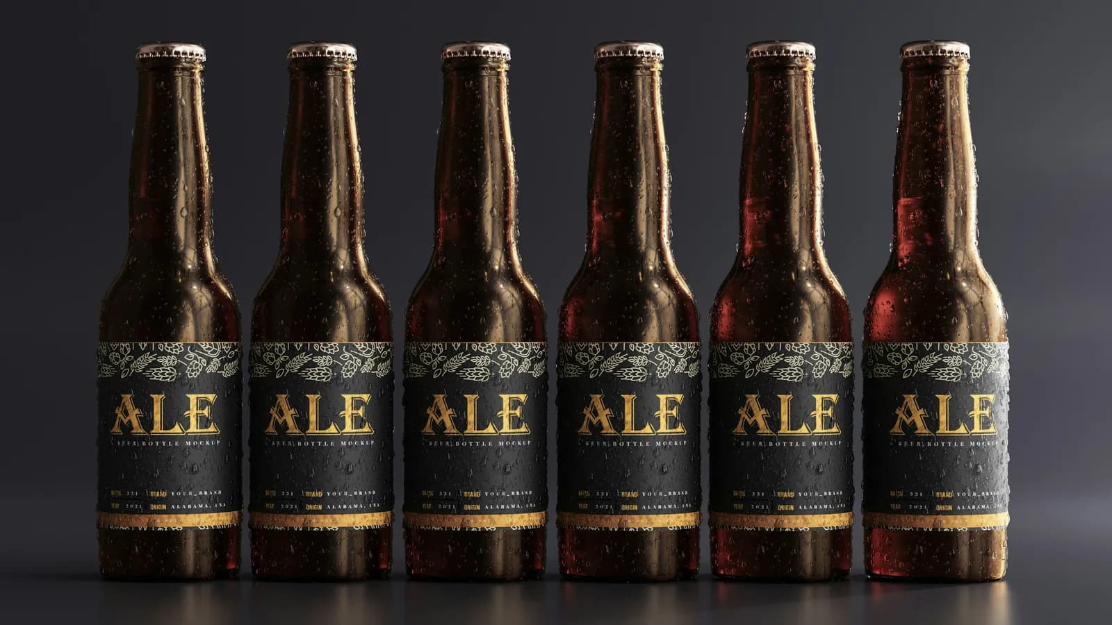 A row of six brown ale bottles with matching dark labels
